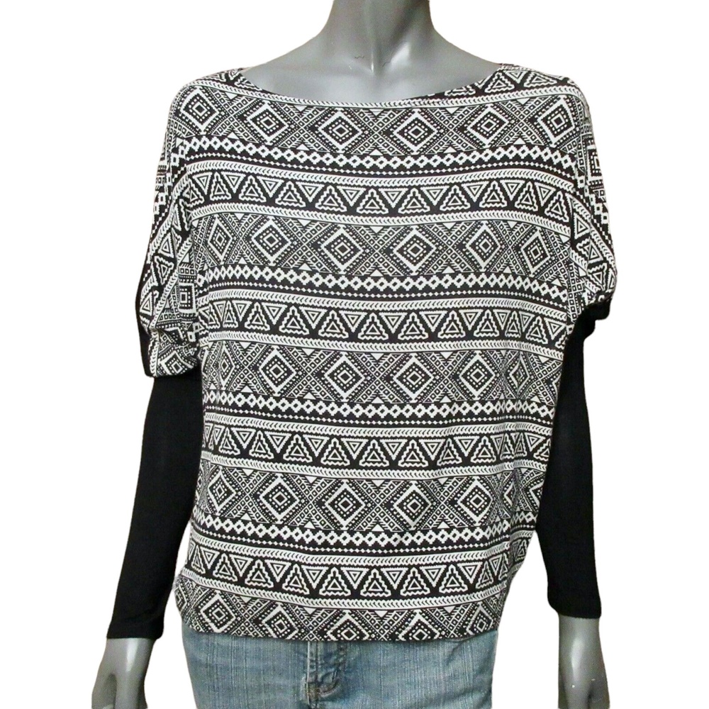 Nymphe Womens Top Long Sleeve Black White Tribal Print Boat Neck Casual S